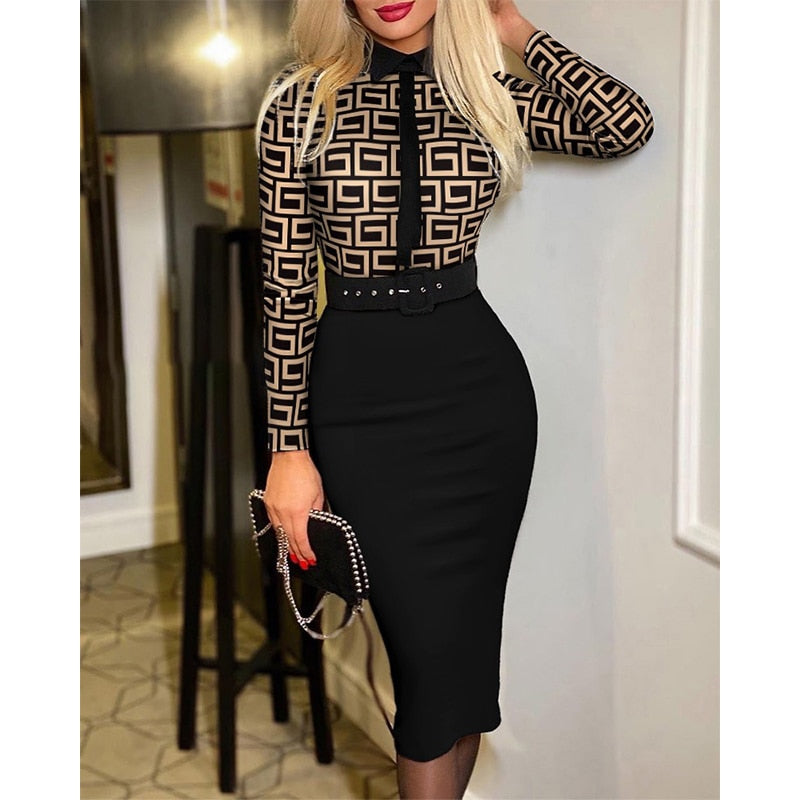 Vintage Print Long Sleeve Belt Slim Bodycon Dress