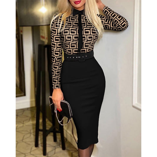 Vintage Print Long Sleeve Belt Slim Bodycon Dress