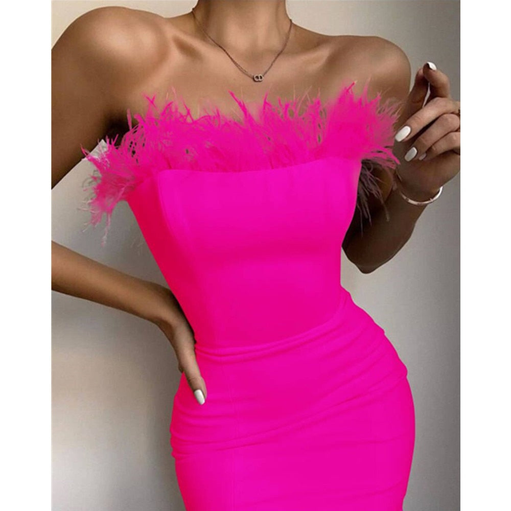 Sexy strapless Feather Midi Dress